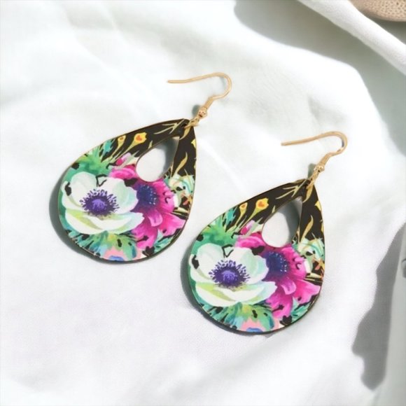 Polyresin Flower Print Water Drop Earrings - Picture 1 of 4